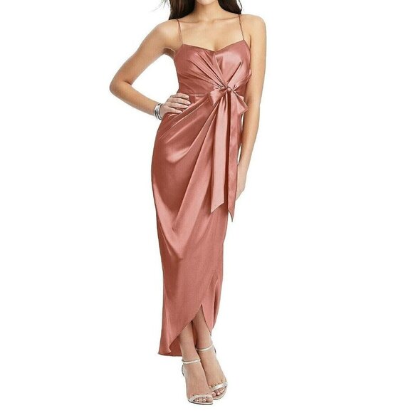 After Six Charmeuse Faux‎ Wrap Midi Dress Draped Tulip Skirt Dessert Rose 8 - Picture 1 of 10